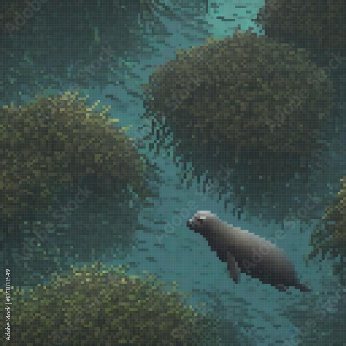 Adorable manatee swims amidst lush trees in pixel art.