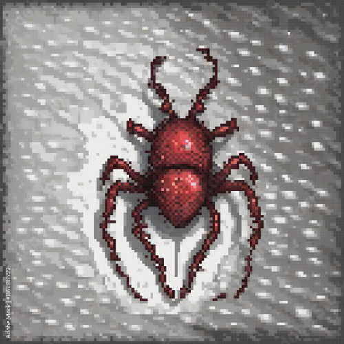 Red tick pixel art on crisp white background.