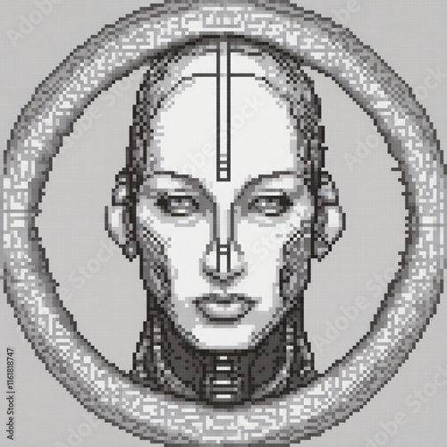 Cute pixel art cross stitch pattern of a womans face in a circle