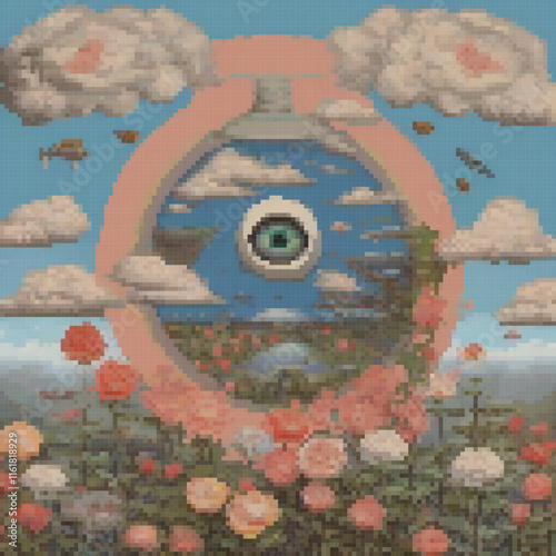 Pixel art of a vibrant field of flowers with a mysterious eye in the center.