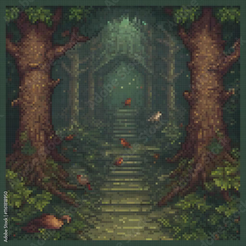 Pixel art cross stitch forest pathway