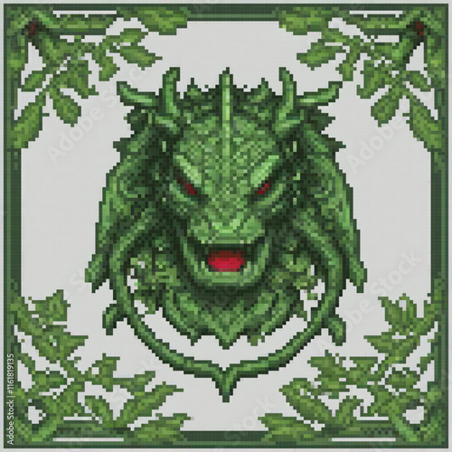 Vintage pixel art cross stitch dragon with fiery red eyes