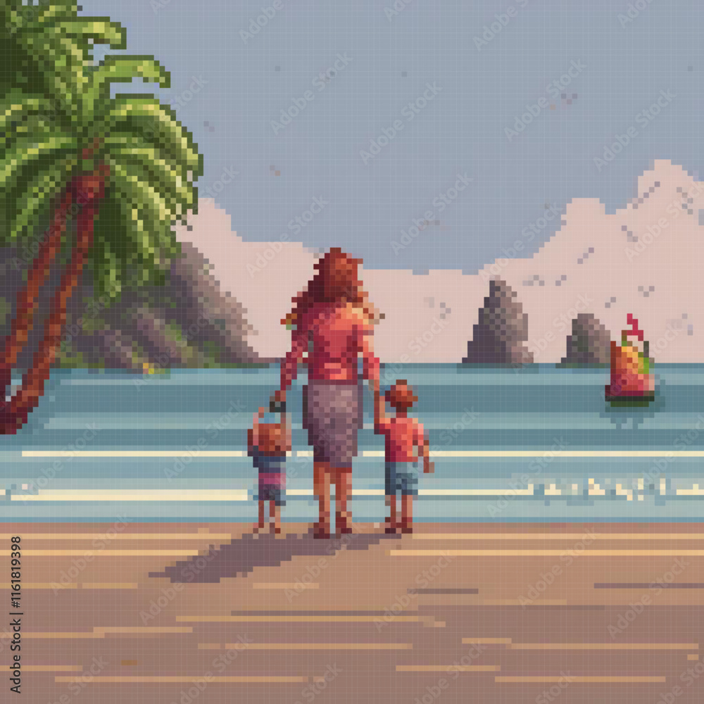 Obraz premium Pixel art depicting a family enjoying a beach day