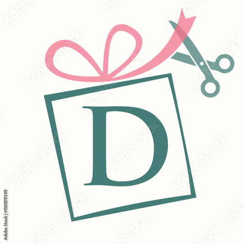 Initial Letter D Gift Box Logo Design Concept With Ribbon and Scissors Symbol For Weeding and Birthday Gift Sign