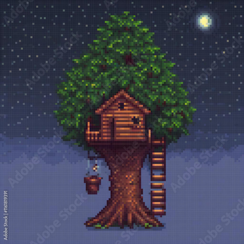 Nighttime pixel art of a serene tree house surrounded by a tranquil lake.