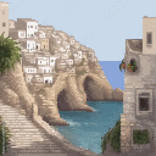 Pixel art depicting a scenic cliff with ascending stairs