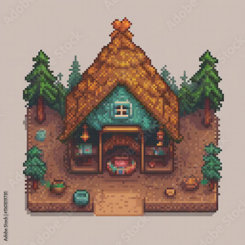 Pixel art of a quaint pixel house with a charming thatched roof, nestled in a serene forest.