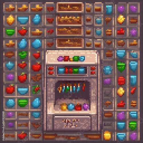 Pixel art game screen with jewels