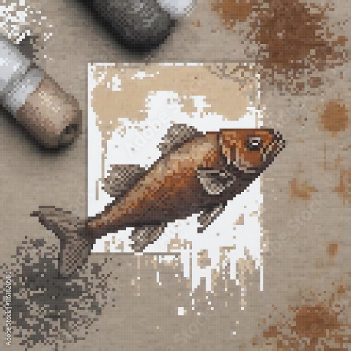 Pixel art cross stitch fish design on table