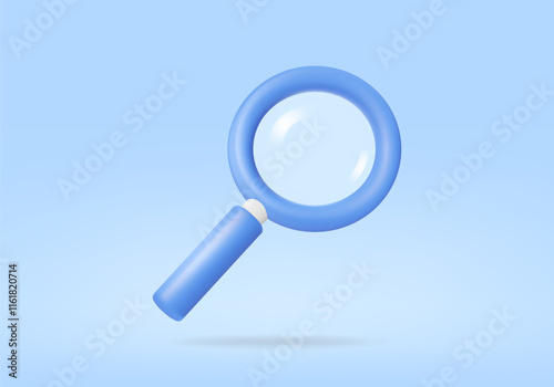 Vector render illustration of a magnifying glass icon, blue, on a light blue background. It is often used in conceptual contexts related to searching, examining, or analyzing data.