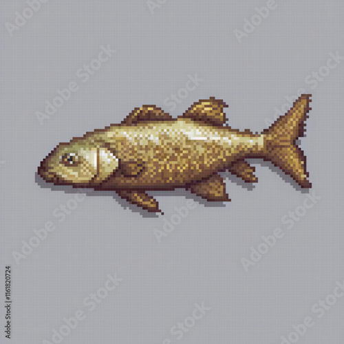 Pixel art of a fish swimming in a grayscale ocean.