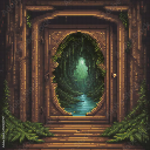 Pixel art door in a mystical forest scene