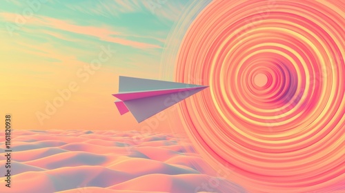 Achieving your goals a paper airplane navigating through floating rings in a dreamlike sky environment