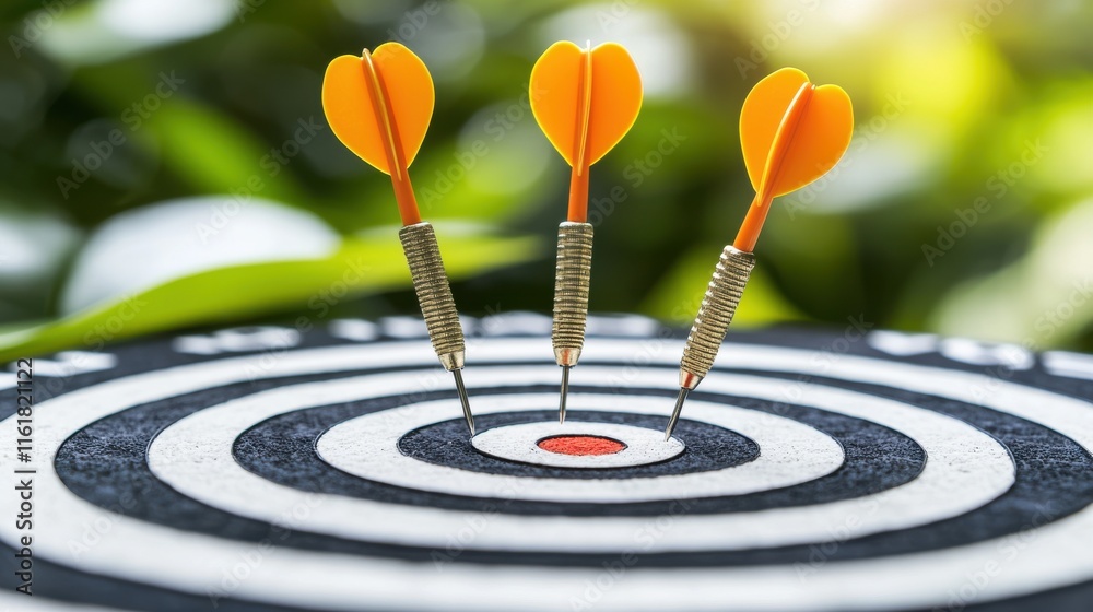 Achieving precision goals closeup of a dartboard with colorful arrows outdoor setting sports concept Achieving precision goals closeup of a dartboard with colorful arrows outdoor setting sports concept