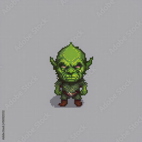 Vintage pixel art of a mischievous green goblin