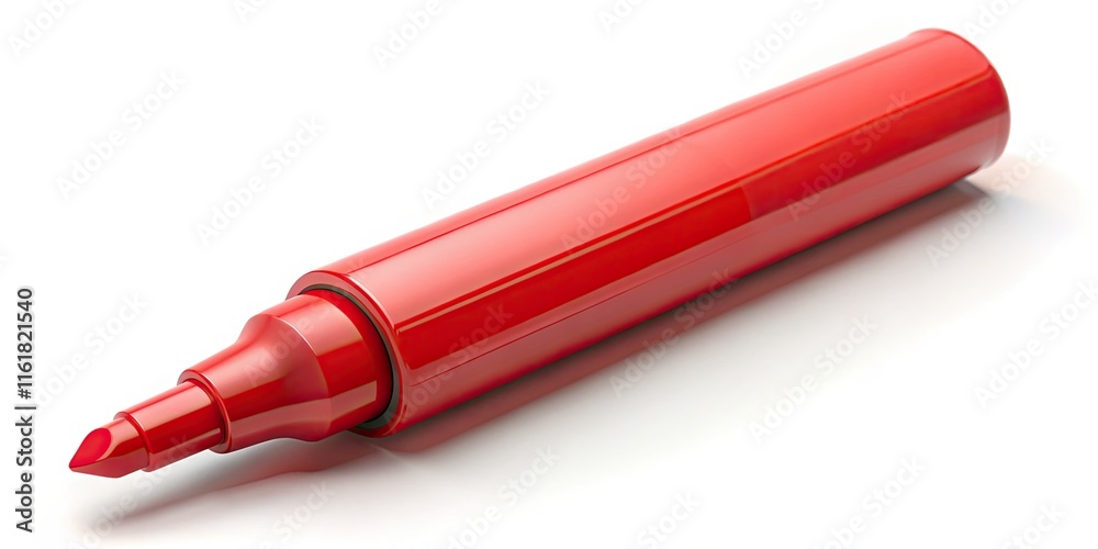 A high-resolution, isolated image showcases a sleek red marker—an office and school writing tool with cap. A high-resolution, isolated image showcases a sleek red marker—an office and school writing tool with cap.