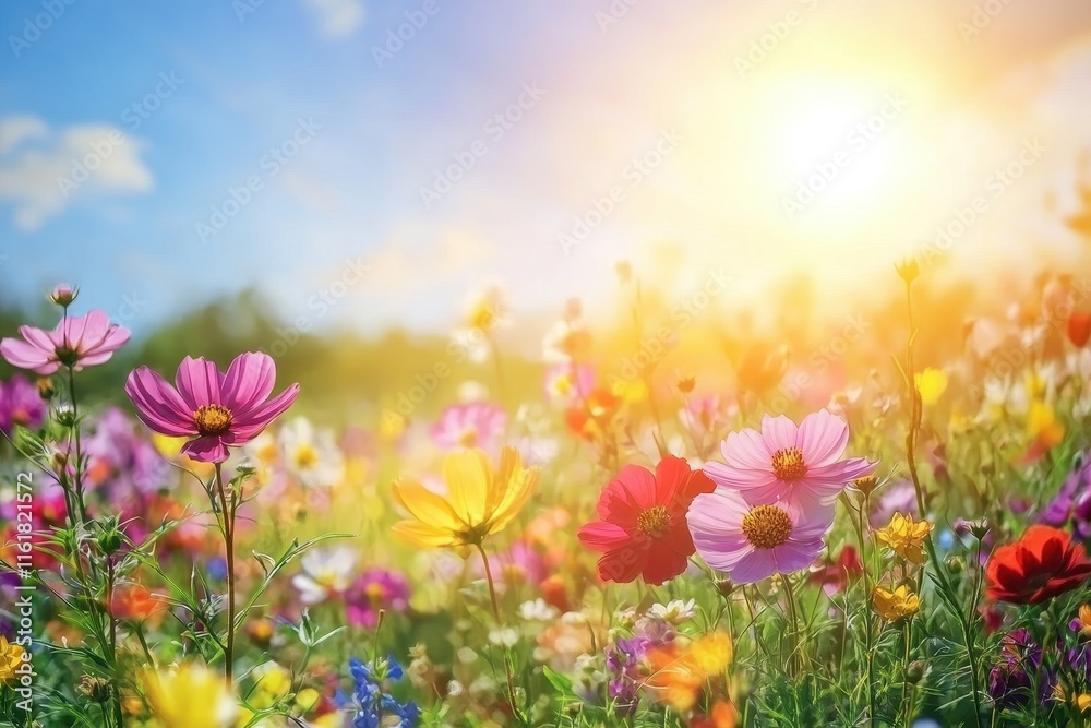 A lush meadow bursting with various wildflowers showcases vibrant colors as sunlight filters through the blooms, creating a cheerful spring atmosphere. A lush meadow bursting with various wildflowers showcases vibrant colors as sunlight filters through the blooms, creating a cheerful spring atmosphere.