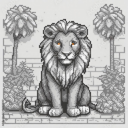 Pixel art of a majestic lion perched on a brick wall amidst palm trees.