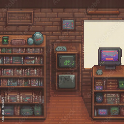Pixel art of a video game-filled room, perfect for retro gaming enthusiasts.