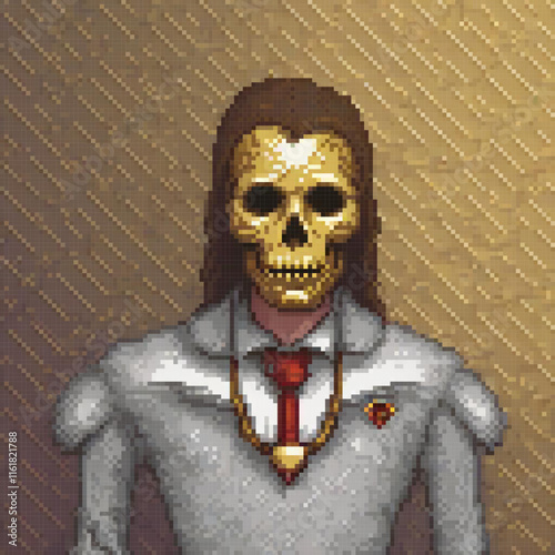 Spooky pixel art skeleton man with a vibrant red tie.