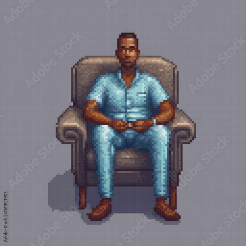 Pixel art depicting a man in a chair, hands on knees, relaxed posture.