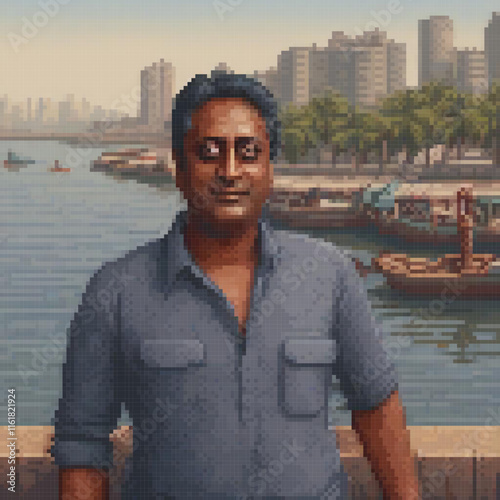 Pixel art of a man by the serene waterfront.
