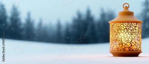 [Festive gatherings themed social community] Winter Whimsy Candlelit Lantern on Snowy Lake Edge photo