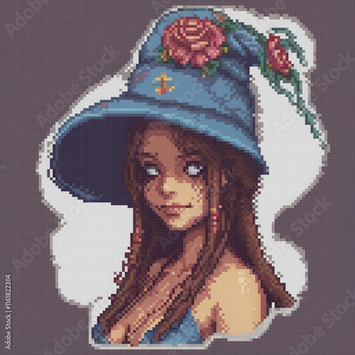 Cute pixel art girl wearing a blue hat adorned with roses.