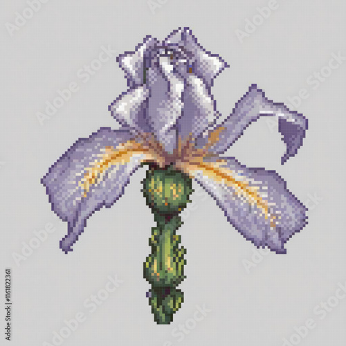 Vintage purple iris in pixel art, set against a classic gray backdrop.
