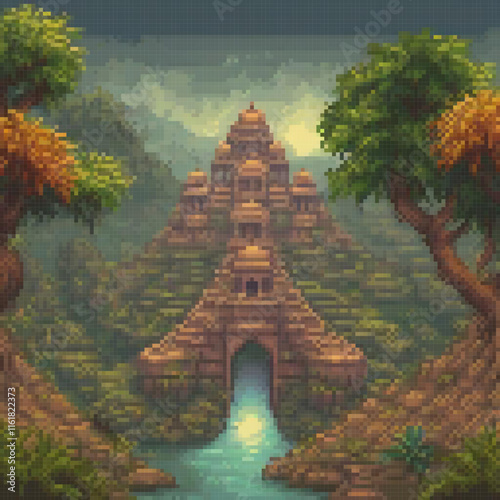 Pixel art depicting a serene temple nestled in a lush forest.