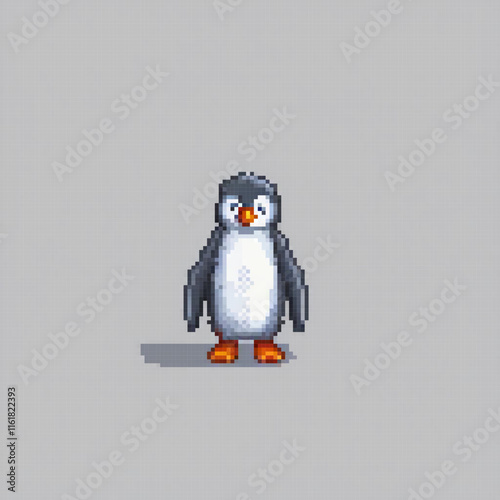 Pixel art penguin in a grayscale setting