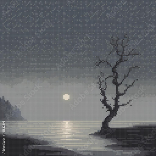 Nighttime pixel art: A solitary tree by a serene lake.