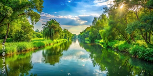 Tranquil waterway surrounded by lush greenery in a serene landscape, serene, landscape, tranquil, waterway, peaceful, nature