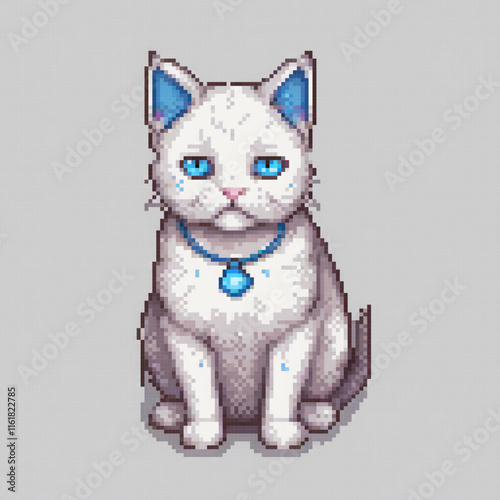 Cute white cat with striking blue eyes perched on a gray surface, pixel art style.