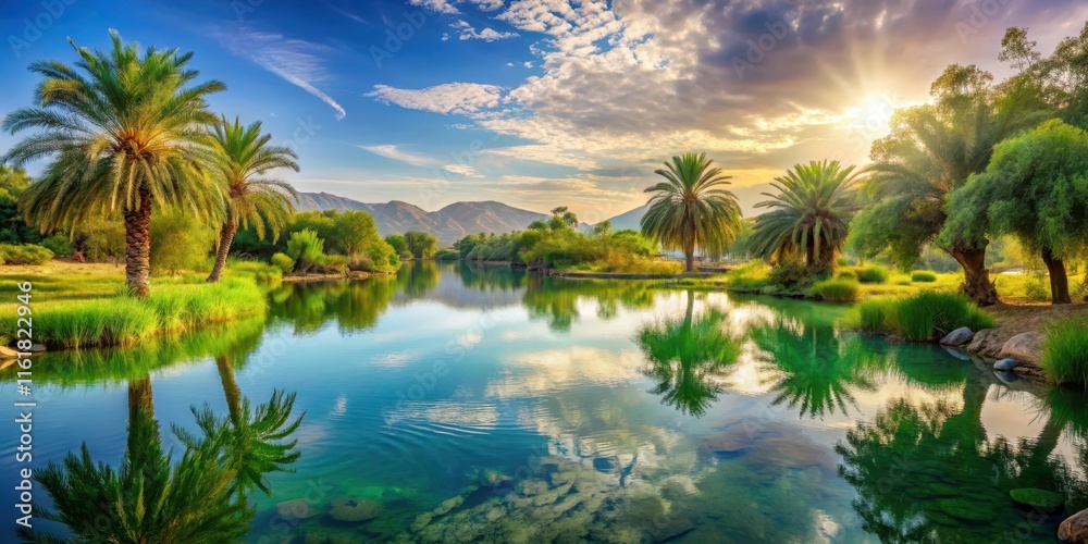 Serene landscape of a tranquil oasis surrounded by untouched nature, peaceful, serene, tranquil, oasis, untouched, nature