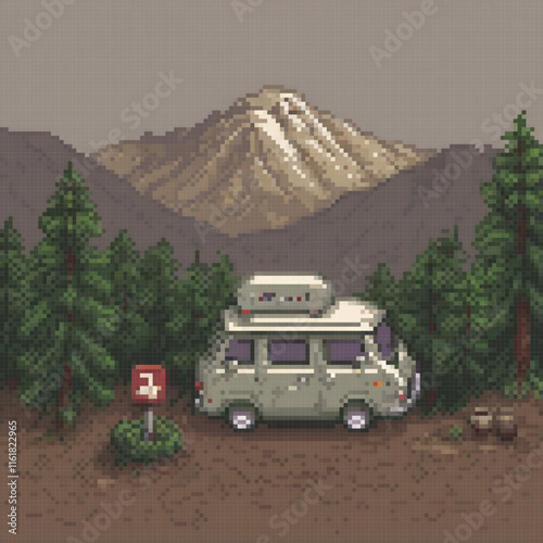Pixel art depicting an RV at a mountainous campsite.