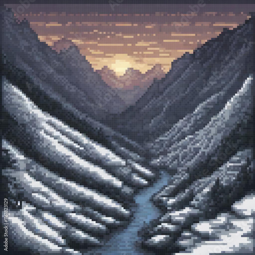 Pixel art cross stitch mountain river pattern