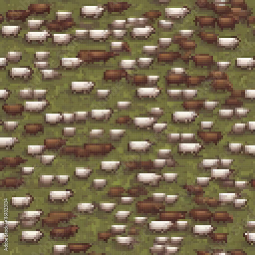 Pixel art depicting a serene scene of sheep grazing on a verdant field.