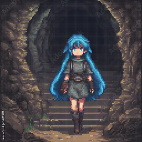 Cute pixel art girl with blue hair exploring a mysterious tunnel.