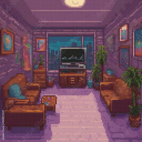 Pixel art depicts a cozy living room with modern furniture and a sleek flat screen TV.