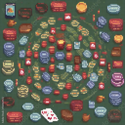Pixel art game board with diverse items