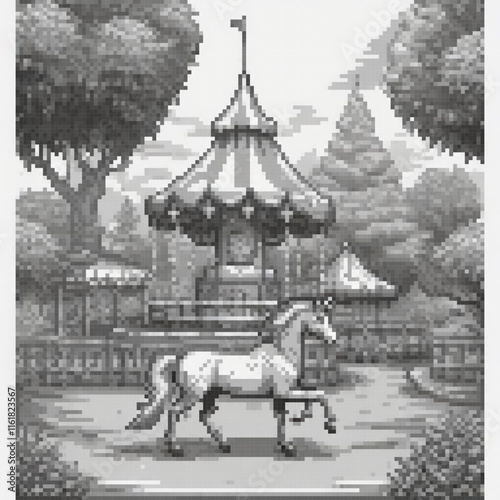 Pixel art depicting a vintage carousel amidst a serene park setting.