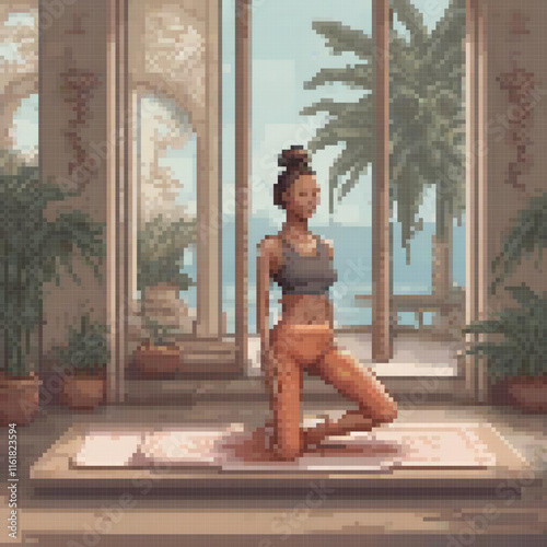Yoga-inspired pixel art featuring a woman in a serene pose by a window.