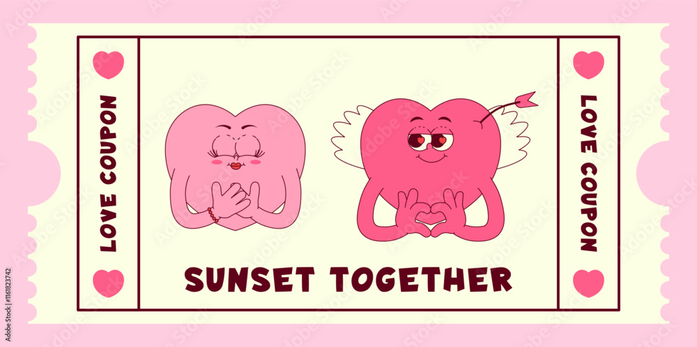 Love coupon with cute couple hearts characters in retro groovy style. Sunset together. Valentines day, February 14 and other love holiday. Horizontal vector illustration Love coupon with cute couple hearts characters in retro groovy style. Sunset together. Valentines day, February 14 and other love holiday. Horizontal vector illustration
