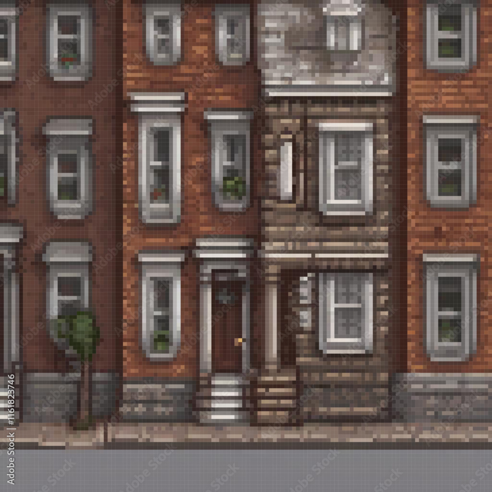 Brown brick houses with white windows in pixel art style Brown brick houses with white windows in pixel art style
