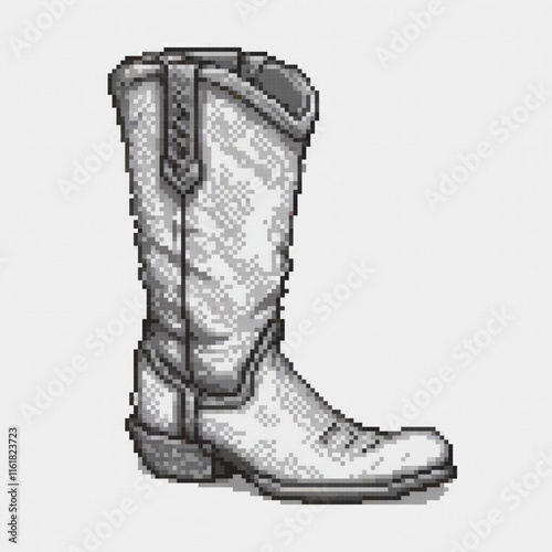 Vintage cowboy boots pixel art on a pristine white backdrop.