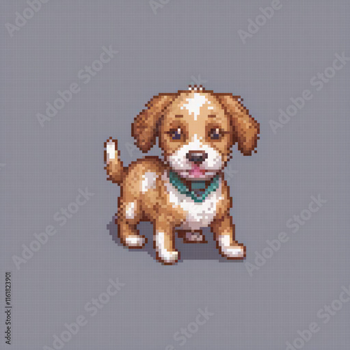 Cute pixel art of a small brown and white dog wearing a vibrant green collar.