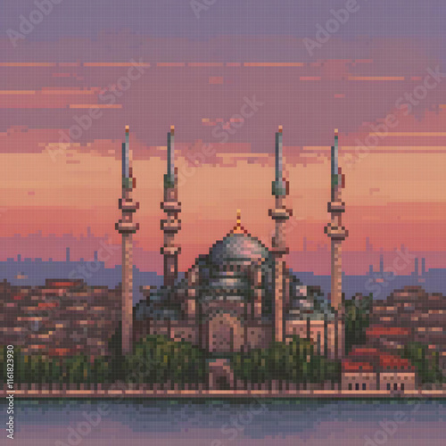 Stunning pixel art of Istanbuls Blue Mosque, Turkeys iconic landmark. photo