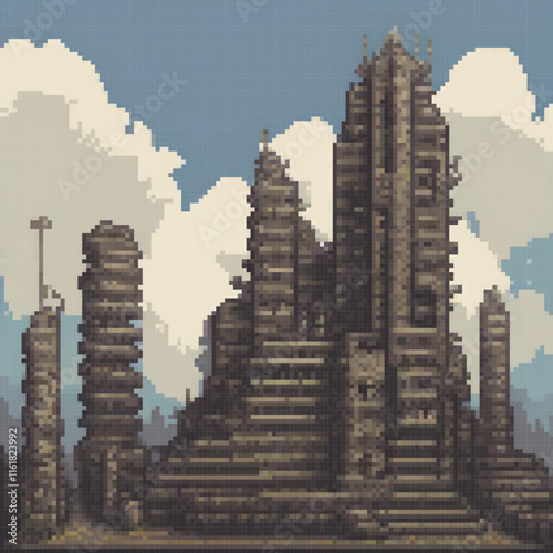 Pixel art castle in a serene field