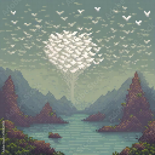 Pixel art: Birds soaring above serene waters